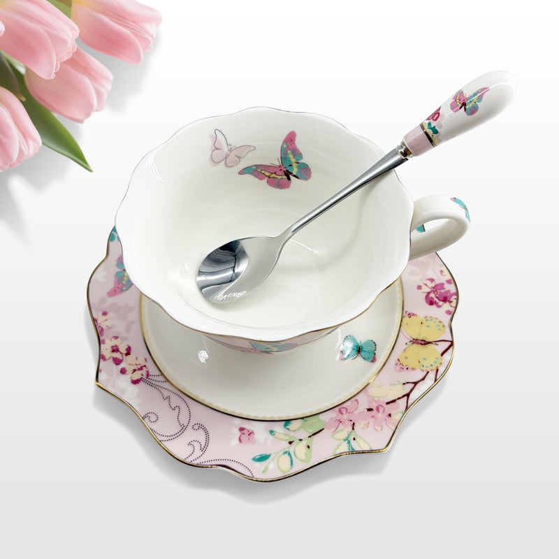 Krysclove Vintage Ceramic Teacup, Elegant Coffee Cup with Spoon and Saucer Set, Royal Bone China Tea Cups (Pink) - Image 2